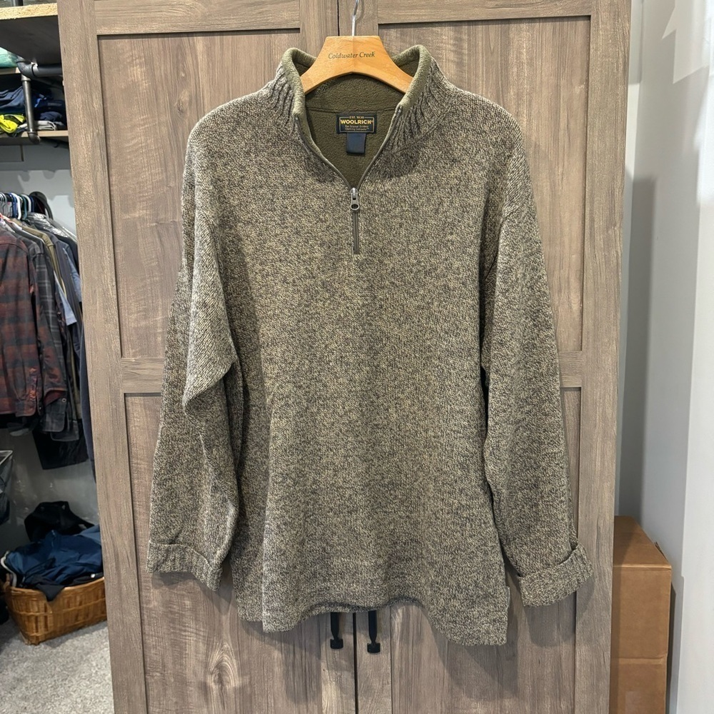 Woolrich Men's Medium Quarter Zip Sweater Olive Green Brown Heather Wool
